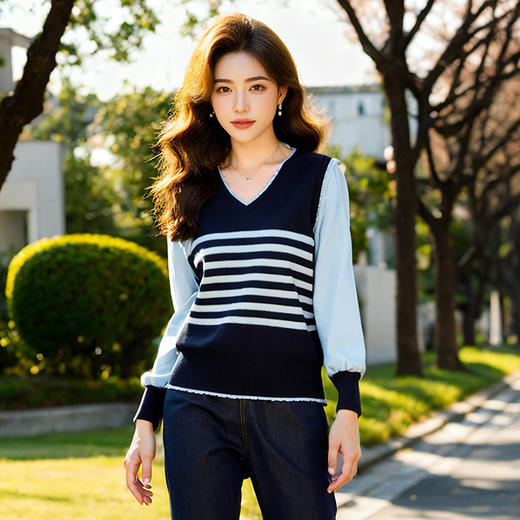 奢姿大码女装2025新款春装胖妹妹上衣假两件拼接条纹V领针织衫9951201086 商品图4