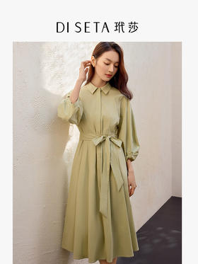 玳莎系带收腰衬衫式连衣裙2025春季新款通勤显瘦高级中长款裙子  FA35301