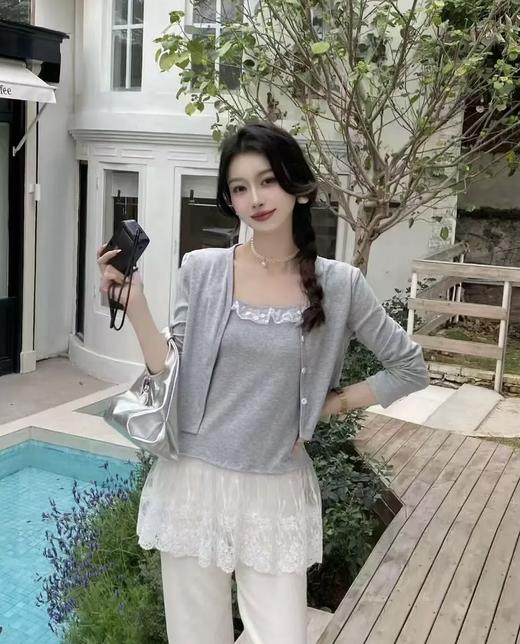 【YW】无忧购韩系甜美温柔风蕾丝拼接背心+外搭针织开衫两件套(截单后7天发货) 商品图9