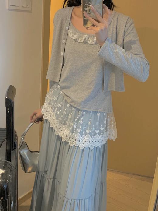 【YW】无忧购韩系甜美温柔风蕾丝拼接背心+外搭针织开衫两件套(截单后7天发货) 商品图1