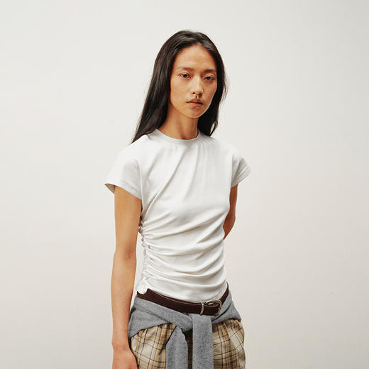 1.15上午10点8.8折！NUTH圆领褶皱不对称修身收腰短袖t恤女 白色/灰色 商品图0