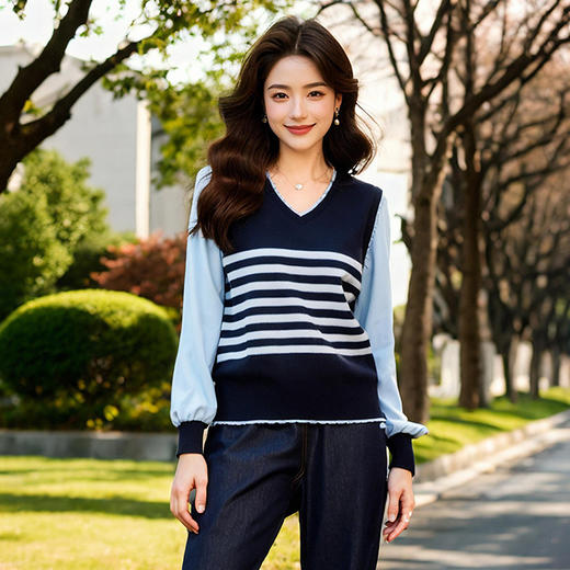 奢姿大码女装2025新款春装胖妹妹上衣假两件拼接条纹V领针织衫9951201086 商品图3