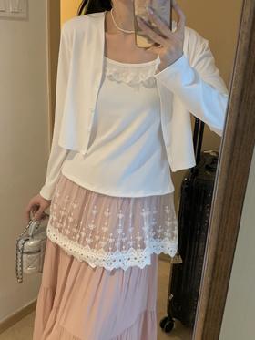 【YW】无忧购韩系甜美温柔风蕾丝拼接背心+外搭针织开衫两件套(截单后7天发货)