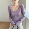 买1送1 椰绒大U领打底衫春秋磨毛内搭t桖长袖收腰修身遮肉褶皱上衣 商品缩略图2