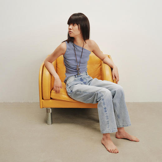 NUTH斜领露肩背心洗褪做旧弹力修身单肩背心女 雾霾蓝色/藏蓝色 商品图5