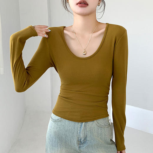 买1送1 椰绒大U领打底衫春秋磨毛内搭t桖长袖收腰修身遮肉褶皱上衣 商品图3