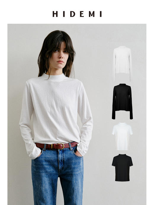HIDEMI 极简小圆领天然棉百搭款t恤 长袖/短袖 白色/黑色 商品图0
