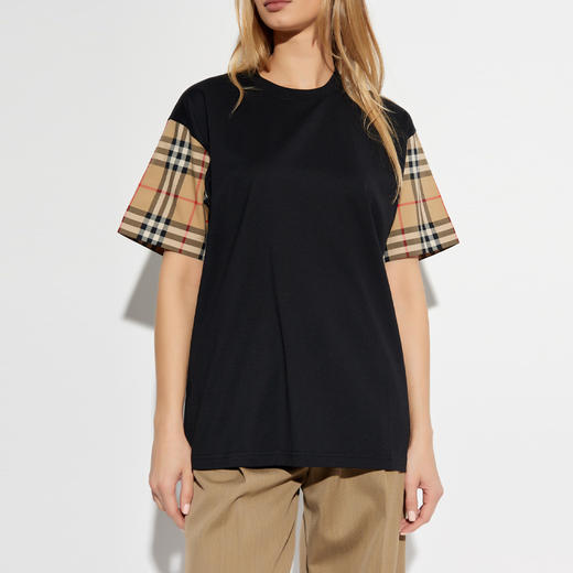 BURBERRY 巴宝莉 女士格纹棉质圆领短袖T恤 黑色 8073028 A1189 商品图1
