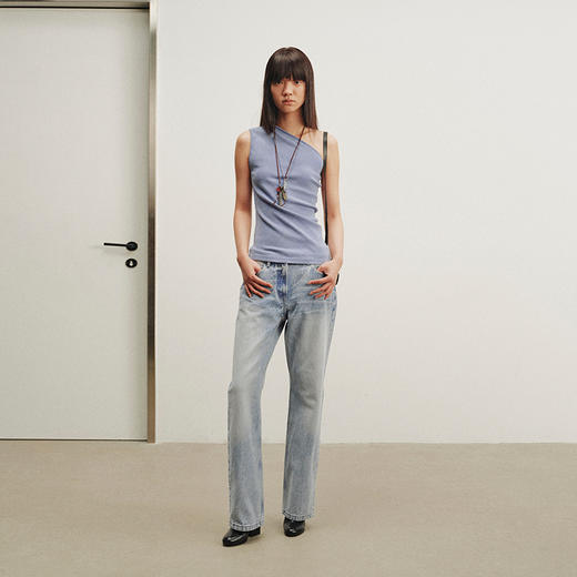 NUTH斜领露肩背心洗褪做旧弹力修身单肩背心女 雾霾蓝色/藏蓝色 商品图3