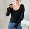 买1送1 椰绒大U领打底衫春秋磨毛内搭t桖长袖收腰修身遮肉褶皱上衣 商品缩略图4