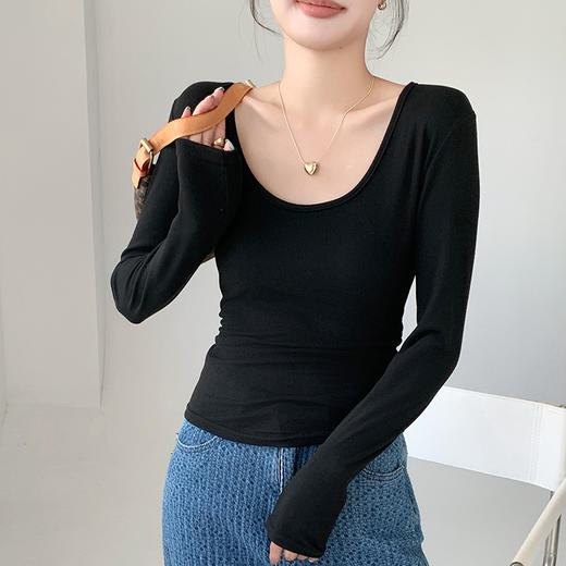 买1送1 椰绒大U领打底衫春秋磨毛内搭t桖长袖收腰修身遮肉褶皱上衣 商品图4