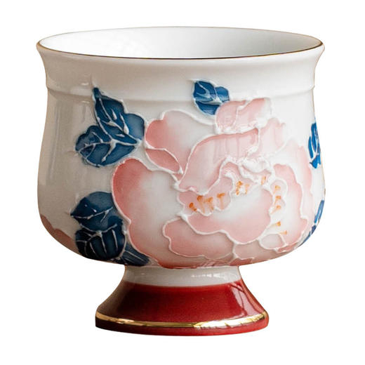 单杯杯手绘品茗高足杯子功夫茶具杯牡丹陶瓷主人茶盏中式描金茶杯 商品图4