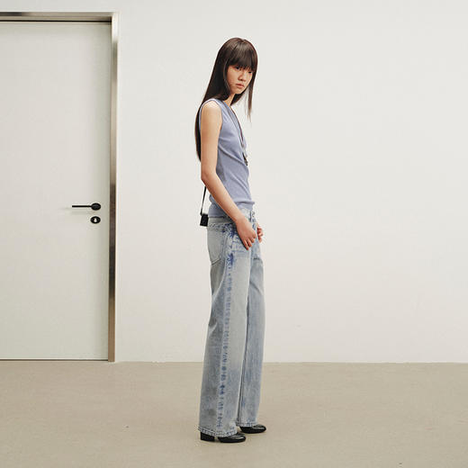 NUTH复古做旧手工洗水猫须修身直筒牛仔裤女 洗水浅蓝色 商品图4