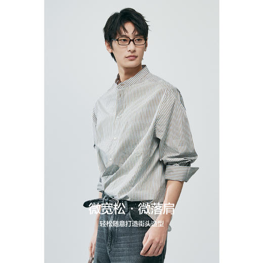 棉仓362804006-微宽松全棉砂洗条纹立领长袖衬衫 商品图1