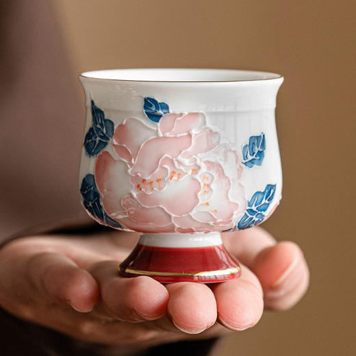 单杯杯手绘品茗高足杯子功夫茶具杯牡丹陶瓷主人茶盏中式描金茶杯 商品图3