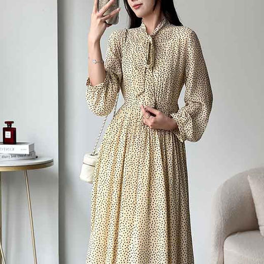 顺丰包邮洛诗琳40341春季新款气质波点印花飘带连衣裙女2998 商品图1