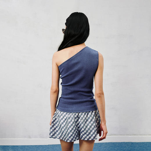 NUTH斜领露肩背心洗褪做旧弹力修身单肩背心女 雾霾蓝色/藏蓝色 商品图2