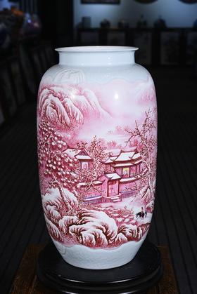 玛瑙红瑞雪归庄雪景山水瓶