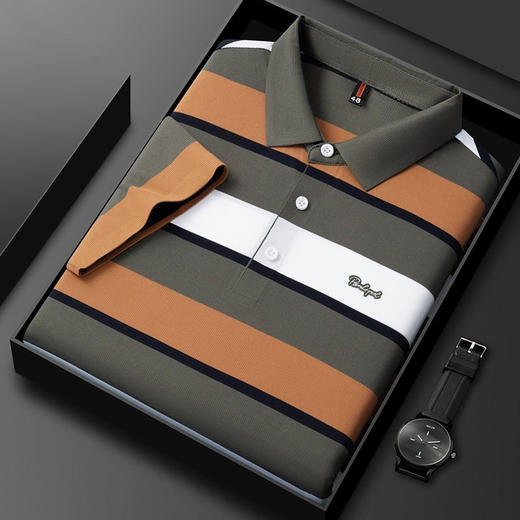 男装条纹无痕T恤大翻领短袖冰丝凉感无痕t恤锦纶上衣   PSL-86305 商品图2