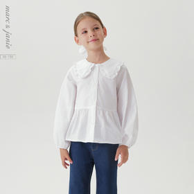 马克珍妮2024年秋装新款 女童娃娃领花边摆纯棉衬衫 241378