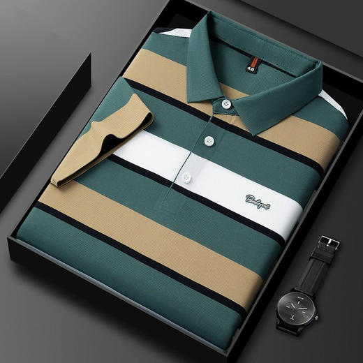 男装条纹无痕T恤大翻领短袖冰丝凉感无痕t恤锦纶上衣   PSL-86305 商品图3