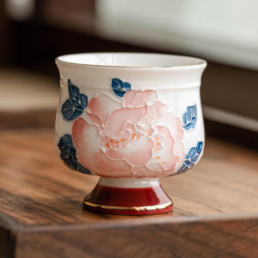 单杯杯手绘品茗高足杯子功夫茶具杯牡丹陶瓷主人茶盏中式描金茶杯 商品图0