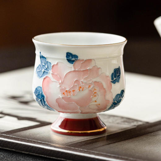 单杯杯手绘品茗高足杯子功夫茶具杯牡丹陶瓷主人茶盏中式描金茶杯 商品图2
