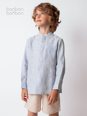 圆领细格纹男童衬衫