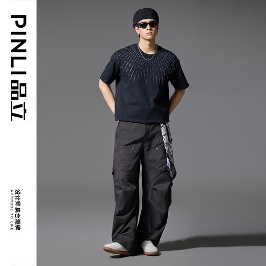 PINLI品立2025春夏新款烫钻休闲短袖T恤男宽松重磅纯棉潮牌体恤衫BG252111011 商品图1