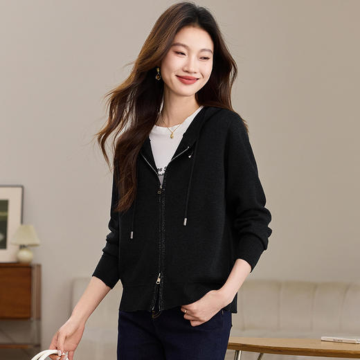 CC-22-2526早春新款连帽宽松针织开衫烫钻拉链小个子短外套显瘦上衣女装 商品图3