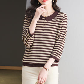CC-LL-1638七分袖冰丝针织衫女士2025春秋新款洋气条纹t恤宽松大码上衣服T