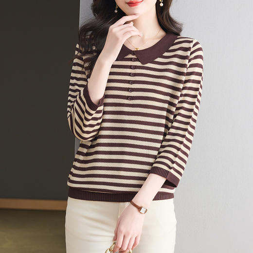 CC-LL-1638七分袖冰丝针织衫女士2025春秋新款洋气条纹t恤宽松大码上衣服T 商品图0
