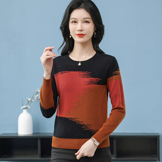 CC-QQH-9182时尚圆领拼色长袖毛衣女士2025年春秋季宽松设计感针织打底衫上衣 商品图3