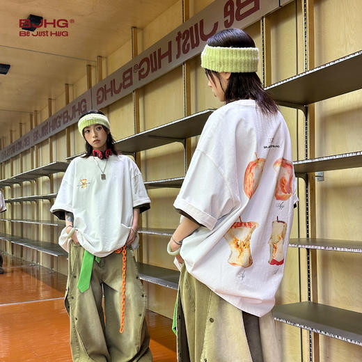 BJHG不计后果 趣味啃苹果短袖t恤男女款夏宽松印花设计感纯棉半袖 商品图3