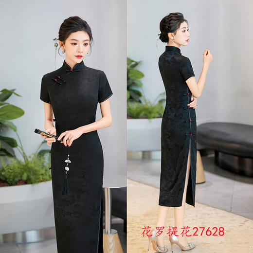 GX纯黑色2025春夏新款花罗旗袍连衣裙三分袖长款改良侧八扣双层旗袍 商品图1