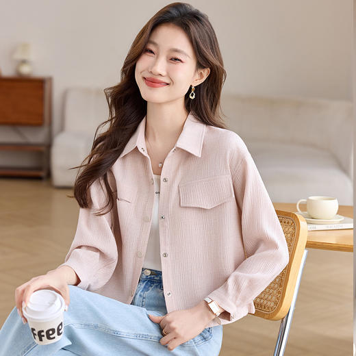 CC-J6677短款长袖衬衫女宽松春秋季2025新款工装上衣小个子短款夹克外套 商品图0