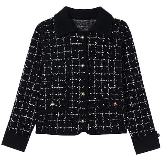 CC-XFY-2511翻领小香风外套女春秋2025新款短款气质港风翻领格子上衣开衫女 商品图4