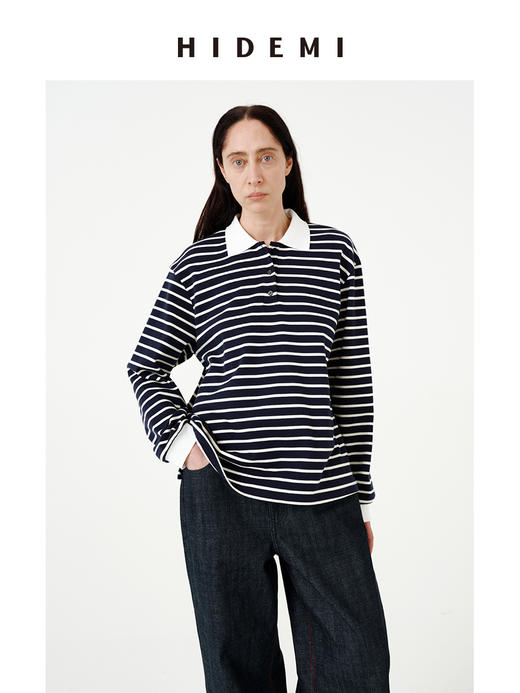 HIDEMI 甄选自然棉极简设计感廓形POLO长袖上衣 自然白/黑白条纹 商品图2