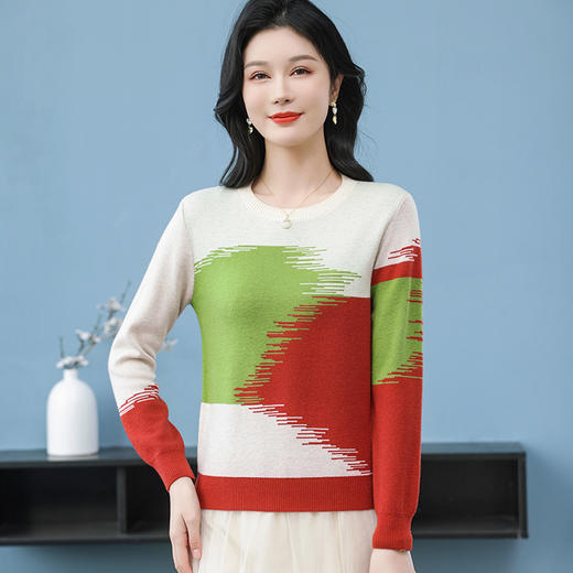 CC-QQH-9182时尚圆领拼色长袖毛衣女士2025年春秋季宽松设计感针织打底衫上衣 商品图2