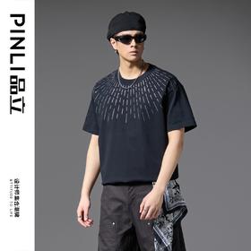 PINLI品立2025春夏新款烫钻休闲短袖T恤男宽松重磅纯棉潮牌体恤衫BG252111011