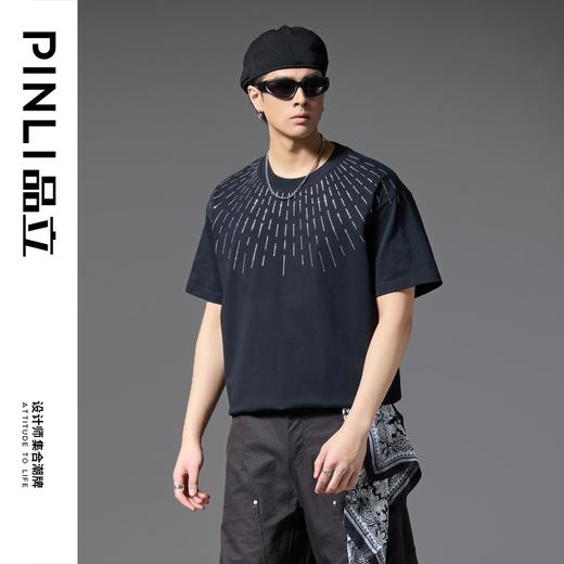 PINLI品立2025春夏新款烫钻休闲短袖T恤男宽松重磅纯棉潮牌体恤衫BG252111011 商品图0