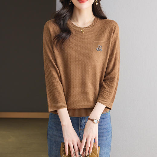 CC-LL-1637圆领七分袖t恤女士2025早春秋新款洋气宽松针织衫冰丝大码上衣T 商品图1