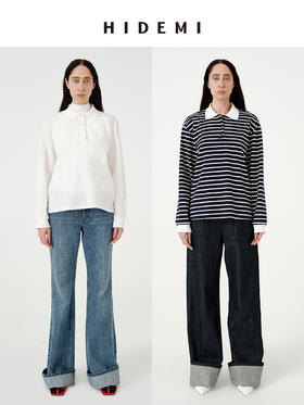 HIDEMI 甄选自然棉极简设计感廓形POLO长袖上衣 自然白/黑白条纹