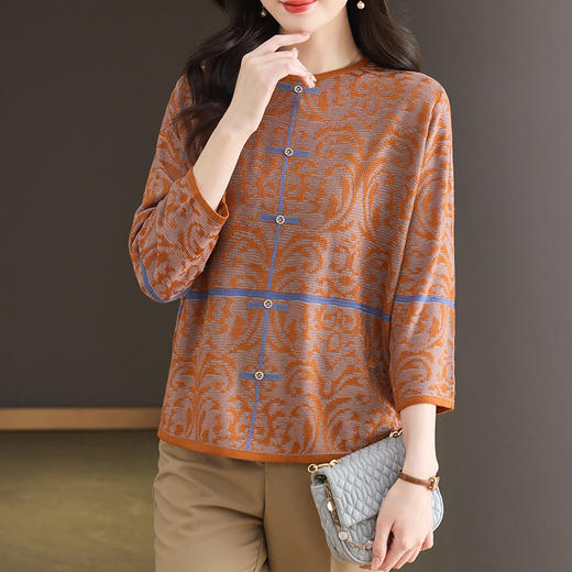 CC-LL-1632七分袖冰丝针织衫女士春秋季2025新款洋气提花t恤宽松遮肉上衣T恤 商品图0