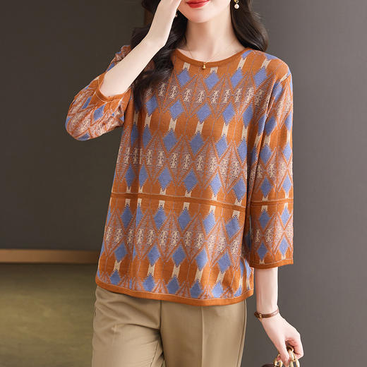 CC-LL-1635七分袖针织衫女士2025春秋季新款圆领大码上衣提花宽松打底衫T恤 商品图2