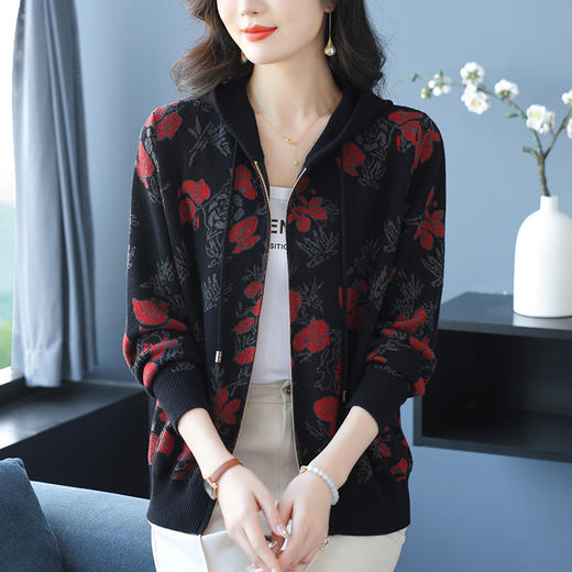 CC-10-6202连帽针织开衫2025年春款外搭提花毛衣外套撞色毛线衫女上衣 商品图3