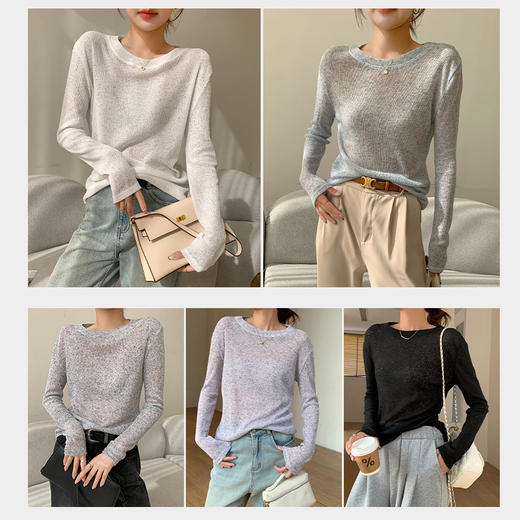 H826法式软糯微透针织衫 轻薄款亚麻圆领时尚防晒罩衫 商品图3