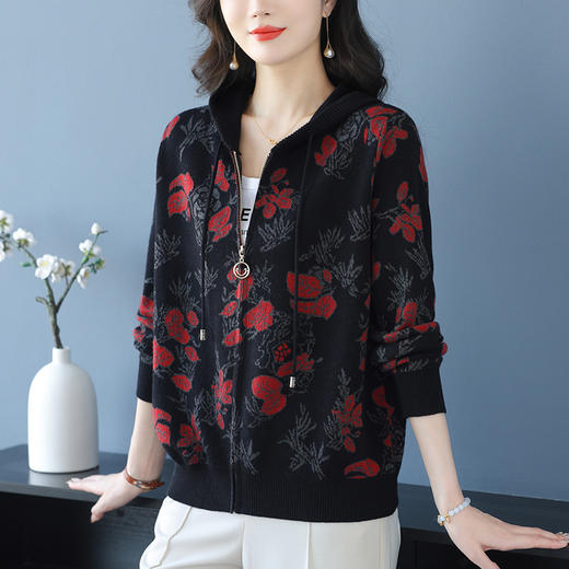 CC-10-6202连帽针织开衫2025年春款外搭提花毛衣外套撞色毛线衫女上衣 商品图1