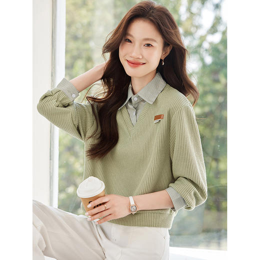 CC-XFY2527    polo领衬衫拼接假两件长袖卫衣女2025春秋季时尚休闲百搭翻领上衣 商品图3