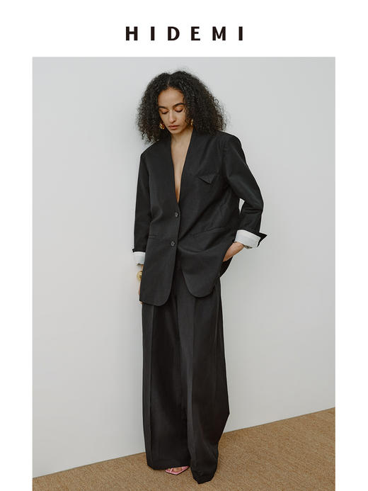 HIDEMI 【当当同款】都市自然人胶囊系列甄选进口羊毛亚麻极简四件套 西装/马甲/中裤/超模裤 水洗黑/乳白色 商品图13